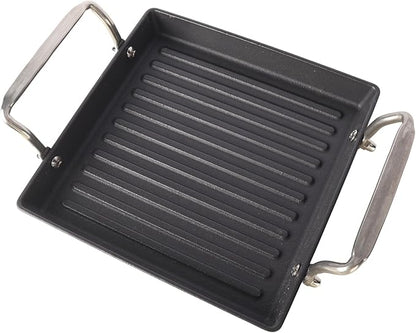 8.6 Inch Stove Top Cast Iron Grill Pan, Medium Pre-Seasoned Ribbed Skillet with Stainless Steel Handle, Square Grill Pan for Gas Grill, Camping, BBQ, One Burner Cookware