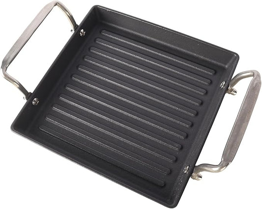 8.6 Inch Stove Top Cast Iron Grill Pan, Medium Pre-Seasoned Ribbed Skillet with Stainless Steel Handle, Square Grill Pan for Gas Grill, Camping, BBQ, One Burner Cookware