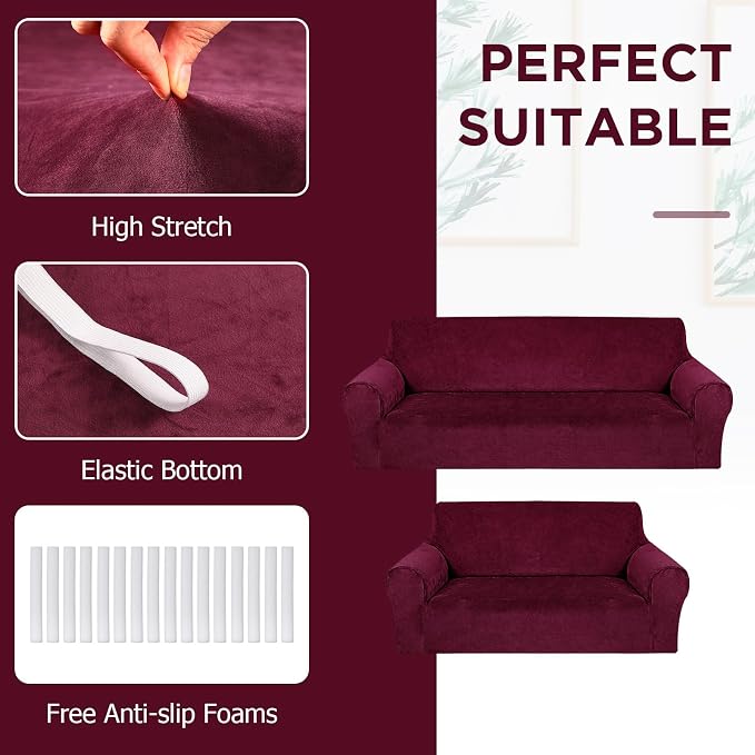 Peryiter 2 Pcs Couch and Loveseat Sofa Covers,Burgundy,Velvet | Armchair Covers for Living Room, Sofa Cushion Slipcover 2/3 Seater, Furniture Protector, Polyester and Spandex, Washable