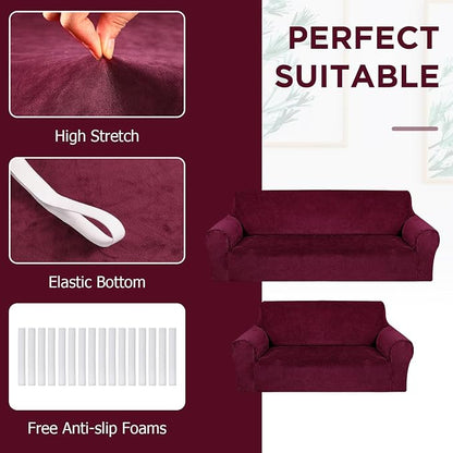 Peryiter 2 Pcs Couch and Loveseat Sofa Covers,Burgundy,Velvet | Armchair Covers for Living Room, Sofa Cushion Slipcover 2/3 Seater, Furniture Protector, Polyester and Spandex, Washable