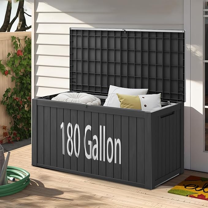FEFLO 180 Gallon Waterproof Resin Outdoor Storage Box, Lockable & UV Resistant Patio Deck Boxes, Outside Storage for Patio Cushions, Pool Toys, Garden Tools & Package Delivery, Black