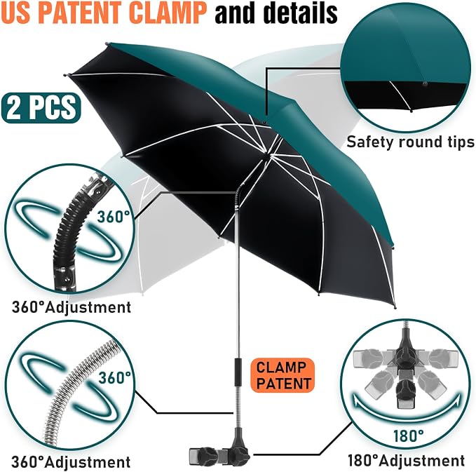 2 PACK Beach Umbrella with Clamp, 360 ° Adjustable Umbrellas for Chair, UPF50+ Umbrella for Beach Chair, Patio Chair, Wheelchair, Camping Chair, Golf Carts (Chair Not Included)