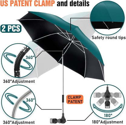 2 PACK Beach Umbrella with Clamp, 360 ° Adjustable Umbrellas for Chair, UPF50+ Umbrella for Beach Chair, Patio Chair, Wheelchair, Camping Chair, Golf Carts (Chair Not Included)