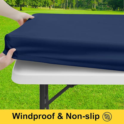Smiry Picnic Table Cover with Bench Covers, Waterproof Elastic Fitted Polyester Tablecloths for 4 Ft Rectangle Tables, Washable Windproof Tablecloth for Camping, RV & Outdoor (Navy, 24x48 Inches)