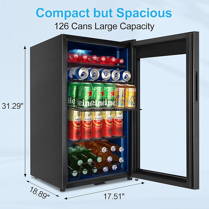 FoMup Beverage Refrigerator 126 Can, Mini Beverage Fridge Small Beverage Cooler with Glass Door Safety Lock, Drink Fridge for Beer Soda Wine, Perfect for Dorm Office Hotel