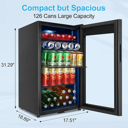 FoMup Beverage Refrigerator 126 Can, Mini Beverage Fridge Small Beverage Cooler with Glass Door Safety Lock, Drink Fridge for Beer Soda Wine, Perfect for Dorm Office Hotel
