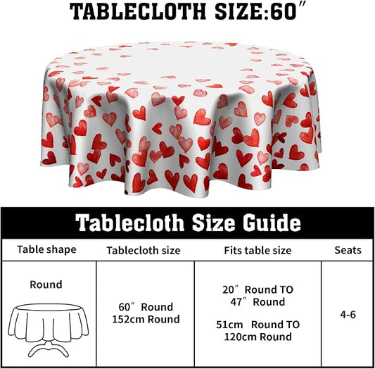 Sweetshow Valentine's Day Table Cloth Round Love Red Hearts Tablecloth 60 Inch Decor Washable Stain and Wrinkle Resistant Round Table Cover for Dining Picnic