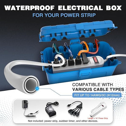 Flemoon [2 Pack] Outdoor Electrical Box Waterproof, Medium Weatherproof Electrical Box (11.5x5.2x4 inch) w/6 Cable Entry Ports, Extension Cord Cover for Power Strip, Timer, Plug, Holiday Light, Blue