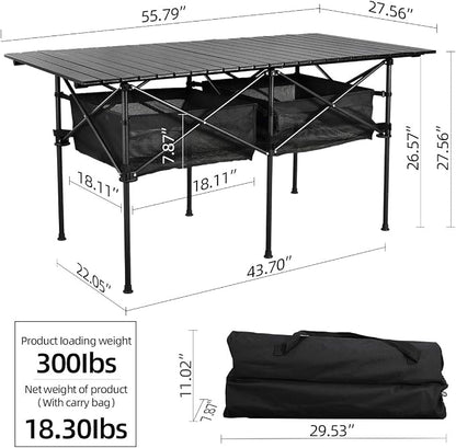 WUROMISE Sanny LargeOutdoor Folding Picnic Camping Table,55"X 27.56"Portable Aluminum Roll-up Table with Storage Carry Bag for RV Travel,Indoor,Outdoor,Camping, Beach,Backyard,BBQ,Party,Patio,Picnic