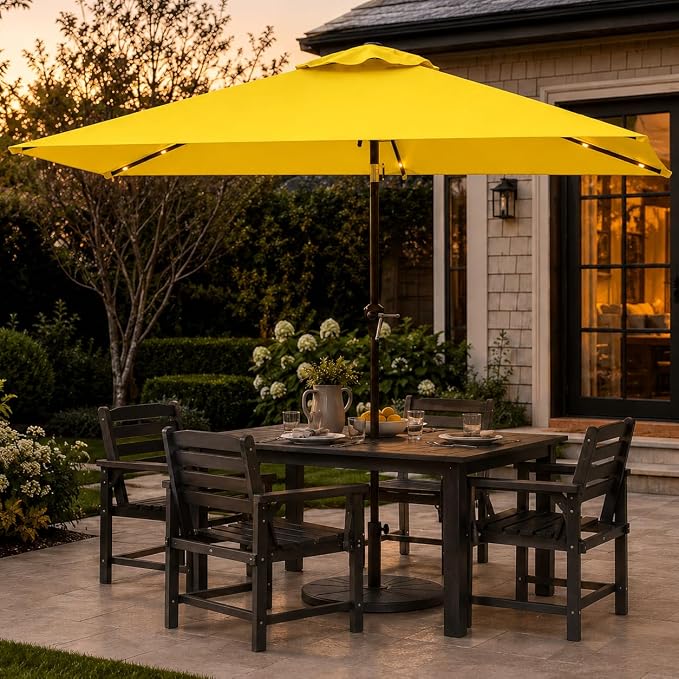 6.5 x 10ft Rectangular Patio Umbrella with Solar Lights, 16 LED Lighted Market Umbrella with Push-Button Tilt and Crank, 6 Sturdy Iron Ribs for Garden, Deck, Pool, Sunshine Yellow