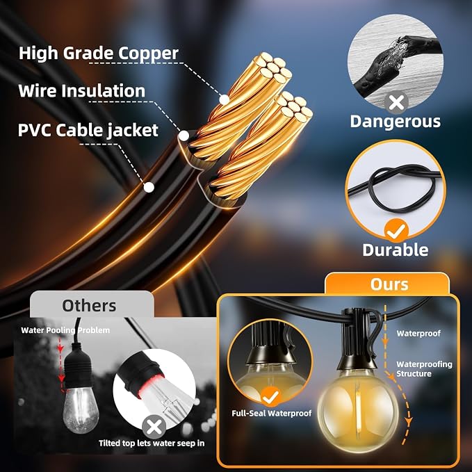Solar Lights Outdoor Patio Lights 40FT G40 Waterproof Dimmable | 13 Shatterproof Edison Bulbs Patio Lights, Solar or USB charging, 3 Light Modes for Backyard, Porch, Deck, Balcony, Garden