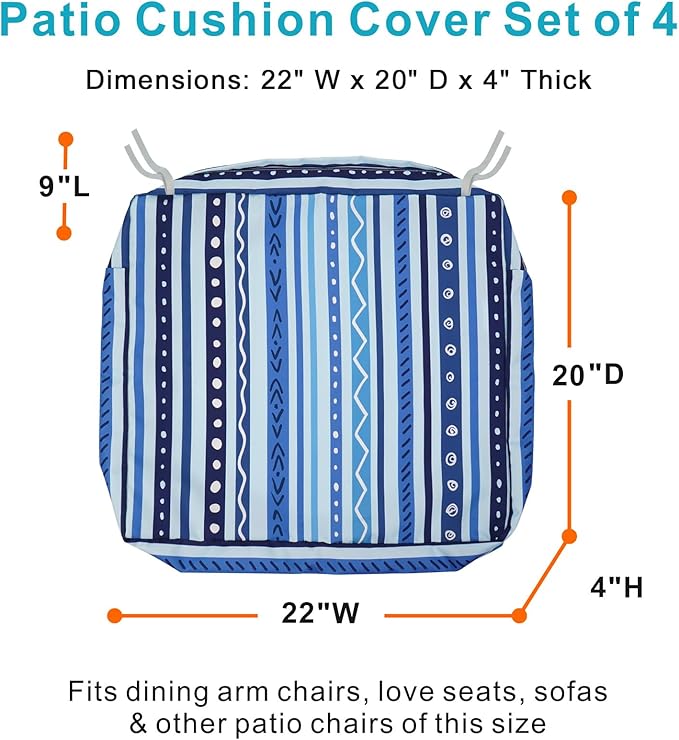 NettyPro Outdoor Cushion Slipcovers Waterproof 4 Pack Patio Chair Seat Cushion Covers with Zipper and Tie, 22 x 20 x 4 Inch, Replacement Cover Only, Stripes Blue