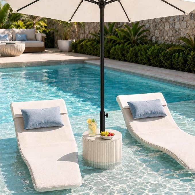 Patio Table with Hole for Umbrella, Pool Side Table, Beige | Adjustable Knob, 1.5Inch Umbrella Hole, All Weather Material