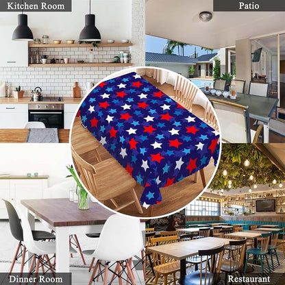 Swono 52x70 Inch Stars Tablecloth Patriotic American Flag Stars Confetti Farmhouse Dining Table Cloth Anti-Stain Talking Table Cover for Kitchen Dinning Room Coffee Store, Blue Red