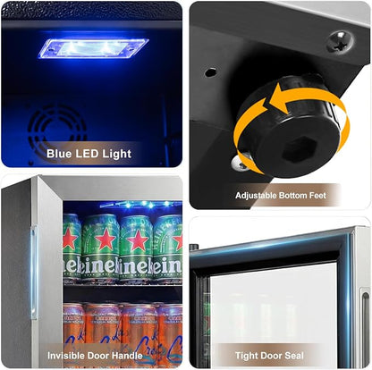 FoMup Mini Fridge 50 Can, Small Beverage Refrigerator with Reversible Glass Door, Countertop Drink Cooler with Temperature Control, Compact Beer Soda Fridge for Office Dorm Kitchen, Stainless Steel