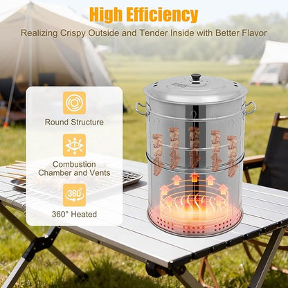 Large Portable Charcoal Grills Vertical Charcoal Smoker Barrel Grill with 50 Skewers Stainless Charcoal BBQ Grill Barrel 360° Outdoor Indoor Camping Smokeless Charcoals Barbecue Grills