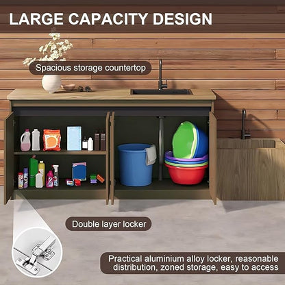 87IN Outdoor Kitchen Cabinet - Kitchen Cabinet with Countertop Includes Stripe Design & Mop Pool,Outdoor Table with Aluminum Alloy,Stainless Steel Sink and Slate Countertop,Hidden Handle