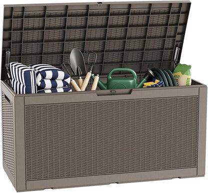 Pepe Tee Waterproof Resin Deck Box, Outdoor Storage Bin for Patio Furniture Cushions, All-Weather Garden Organizer & Seating Bench, Coffee