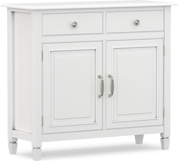 SIMPLIHOME Connaught 40" Wide Solid Wood Storage Cabinet in White | Traditional slim entryway and living room organizer for hats, gloves, shoes and keys with space-saving storage design.