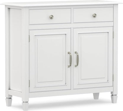 SIMPLIHOME Connaught 40" Wide Solid Wood Storage Cabinet in White | Traditional slim entryway and living room organizer for hats, gloves, shoes and keys with space-saving storage design.