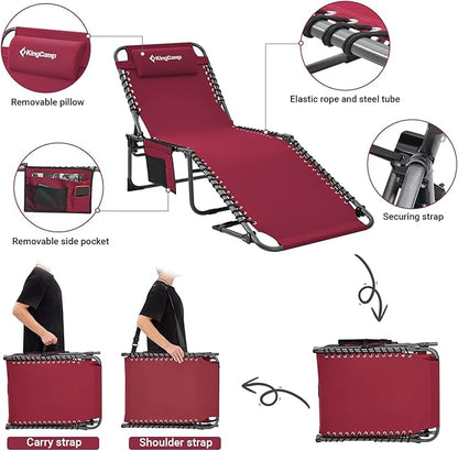 KingCamp Lounge Chair Outdoor, Folding Portable Tanning Chairs Comfy Adjustable 5-Position Lay Flat Foldable Chaise Chaser Lounger with Pillow for Outside Beach Patio Sun Bathing Pool Backyard, Wine