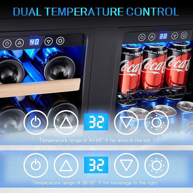 Kalamera 24 inch Wine Fridge Hold 21 Bottles and 75 Cans, Dual Zone Cooling | Wine and Beverage Refrigerator,Built-In or Freestanding with Blue LED Light for Home/Bar/Office