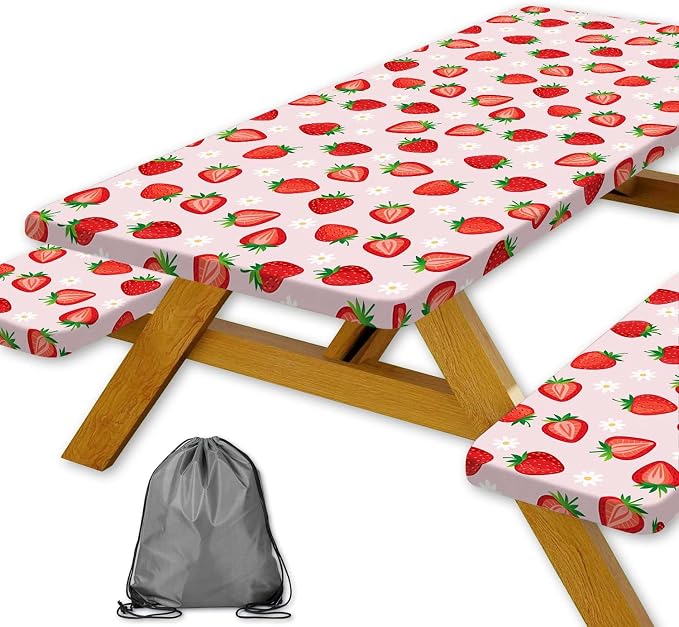 Strawberry Picnic Table Cover with Bench Covers and Bag, Camping Essentials, Berry Waterproof Windproof, Fitted Tablecloth Cover with Elastic Edge for Outdoor Garden 3 PCS 30x72 Inch