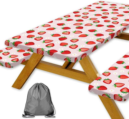 Strawberry Picnic Table Cover with Bench Covers and Bag, Camping Essentials, Berry Waterproof Windproof, Fitted Tablecloth Cover with Elastic Edge for Outdoor Garden 3 PCS 30x96 Inch