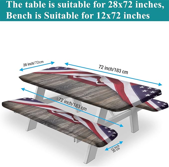 4th of July Picnic Fitted Tablecloth with Benches Covers, American flag on wood background Fitted Tablecloth Cover Oil Proof Elastic Edge for Outdoor, Garden, Camping, 72x28 In, 3 Pieces Set, Brown