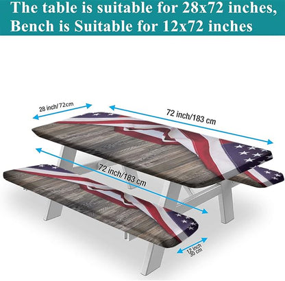 4th of July Picnic Fitted Tablecloth with Benches Covers, American flag on wood background Fitted Tablecloth Cover Oil Proof Elastic Edge for Outdoor, Garden, Camping, 72x28 In, 3 Pieces Set, Brown