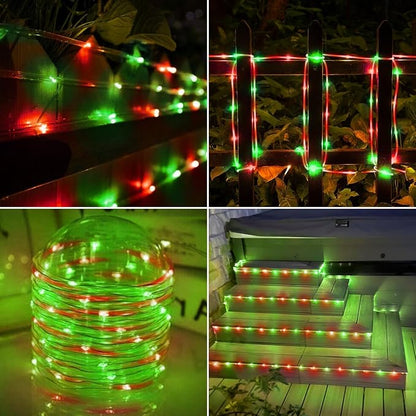 Jnaurb Solar Rope Lights, 66ft 200LED Solar String Lights, 8 Modes Waterproof Solar Outdoor Light, Flexible Clear Trampoline Light for Garden Backyard Patio Deck Porch Pool Tree Decor - Red & Green