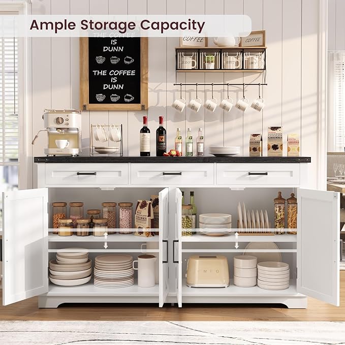 usikey 61” Large Sideboard Buffet Cabinet with 4 Doors and 3 Drawers, Farmhouse Buffet Table, Dining Room Storage Cabinet for Kitchen or Living Room, White