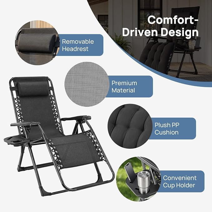 DUMOS Zero Gravity Chair, Lounge Chair Outdoor with Cup Holder Tray | Folding Reclining Chairs for Indoor, Outside, Beach, Camping and Patio, Black