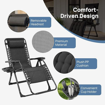 DUMOS Zero Gravity Chair, Lounge Chair Outdoor with Cup Holder Tray | Folding Reclining Chairs for Indoor, Outside, Beach, Camping and Patio, Black