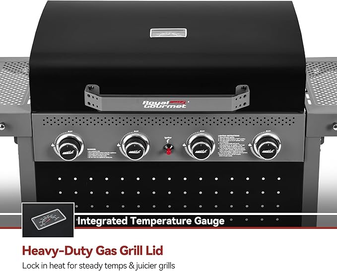 Royal Gourmet GL4001 4-Burner Gas Grill with Pegboard, 500 Sq. In. Cooking Area, 26,000 BTU, Foldable Side Shelves with Hooks, Ideal for Backyard and Patio, Black & Cool Gray