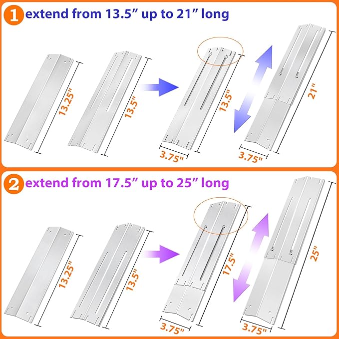 GasSaf Adjustable Grill Heat Plates Extend from 13.5" to 25" L, Longer Than 21" Heat Shield, Universal Replacement Parts for Expert Grill Parts, Charbroil Brinkmann Dyna-Glo Nexgrill Burner Covers