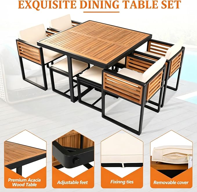 Merax 18-Piece Patio Dining Set for 16 People, Acacia Wood Outdoor Furniture Sets with 2 Square Tables, 8 Cushioned Chairs and 8 Ottomans for Backyard,Garden,Lawn,Poolside, Space Saving Design, Beige