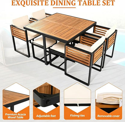 Merax 18-Piece Patio Dining Set for 16 People, Acacia Wood Outdoor Furniture Sets with 2 Square Tables, 8 Cushioned Chairs and 8 Ottomans for Backyard,Garden,Lawn,Poolside, Space Saving Design, Beige