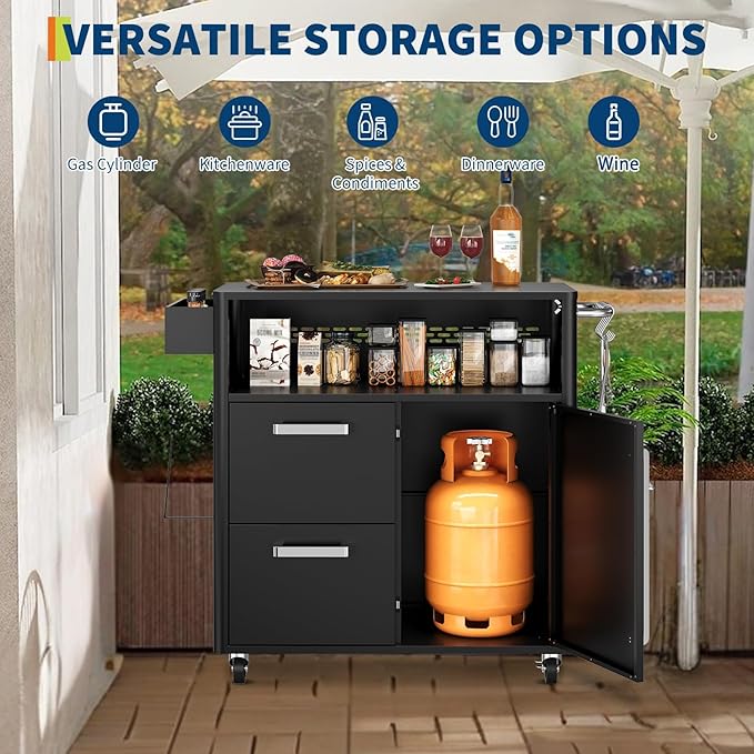 Heavy Duty Outdoor Grill Cart with Stainless Steel Prep Table, Lockable Wheels, Spacious Storage Cabinet, and Island Table Design for Patio or Kitchen Use