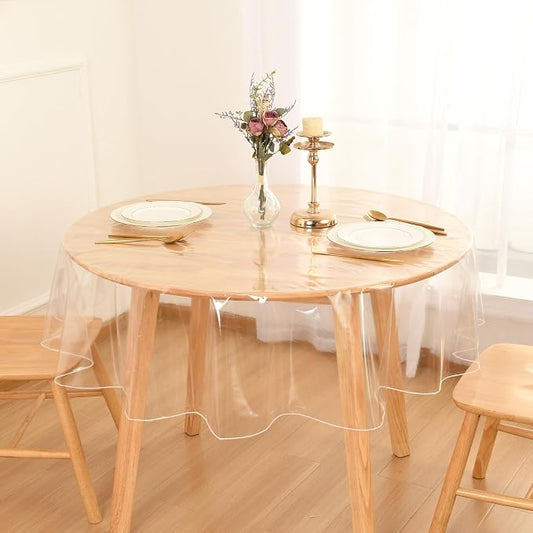 DWCN Round Plastic Table Cloth 60 Inch - 100% Waterproof, Oilproof, Stain Resistant Table Cloth Protector Transparent PVC Vinyl Table Cover for Parties, Dining,Crystal Clear