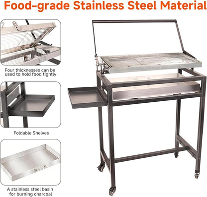 Floor-Standing Rotisserie Grill - 360 Rotating Stainless Steel Flipping Barbecue with Foldable for Outdoor Camping Backyard Includes Wheels Removable Ash Drawer (KA-6168L)