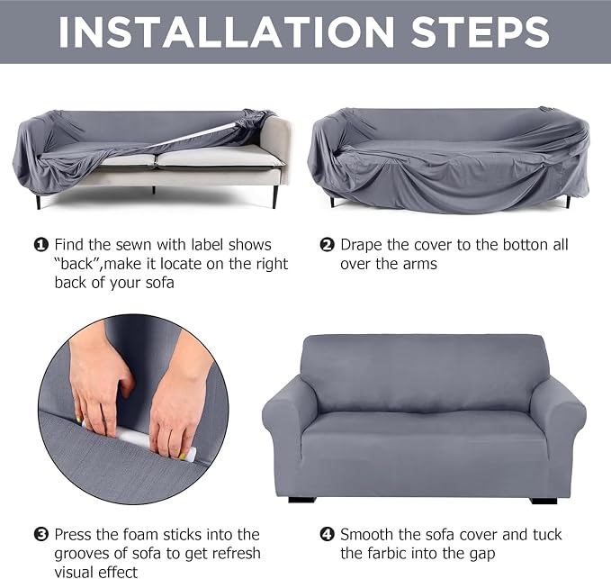 Peryiter 2 Pcs Couch and Loveseat Sofa Covers,Light Gray,Milk Silk | Armchair Covers for Living Room, Sofa Cushion Slipcover 2/3 Seater, Furniture Protector, Polyester and Spandex, Washable