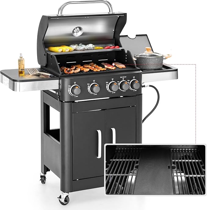 MFSTUDIO 4-Burner Propane Gas BBQ Grill with Side Burner & Porcelain-Enameled Cast Iron Grates, Grill Griddle Combo, 46,700 BTU for Outdoor Backyard Cooking, Black