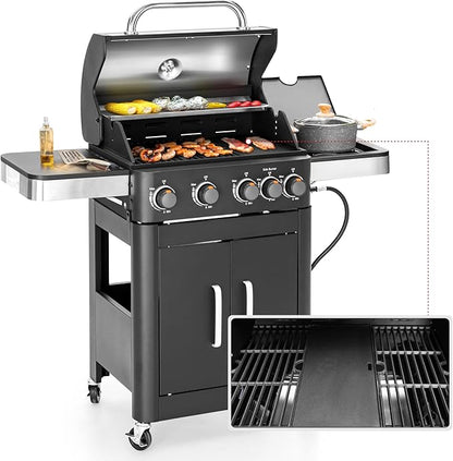 MFSTUDIO 4-Burner Propane Gas BBQ Grill with Side Burner & Porcelain-Enameled Cast Iron Grates, Grill Griddle Combo, 46,700 BTU for Outdoor Backyard Cooking, Black