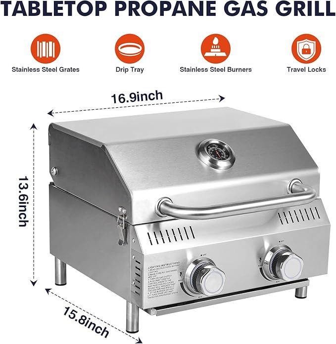 Llamaviva Tabletop Propane Gas Grill, 2 Burner 20,000 BTU Stainless Steel Portable BBQ Grill, Compact Outdoor Grill for Camping, RV, Patio, Tailgating, Picnic, Backyard Cooking