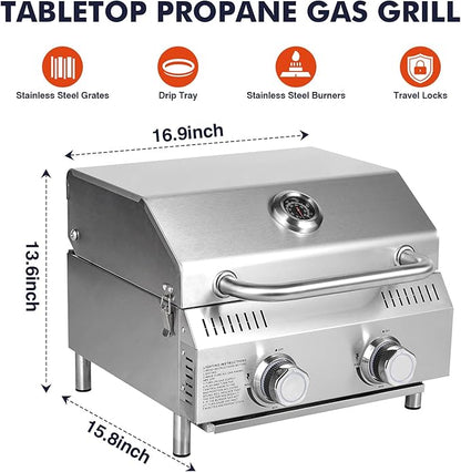 Llamaviva Tabletop Propane Gas Grill, 2 Burner 20,000 BTU Stainless Steel Portable BBQ Grill, Compact Outdoor Grill for Camping, RV, Patio, Tailgating, Picnic, Backyard Cooking