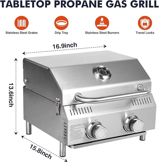 Llamaviva Tabletop Propane Gas Grill, 2 Burner 20,000 BTU Stainless Steel Portable BBQ Grill, Compact Outdoor Grill for Camping, RV, Patio, Tailgating, Picnic, Backyard Cooking