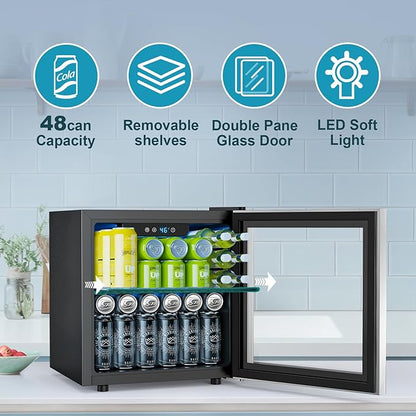 Electactic 48 Can Beverage Refrigerator,12 Bottle Wine Cooler with Stainless Steel Glass Door, Digital Temperature Display, Countertop Mini Fridge for Soda, Wine or Beer, Silver