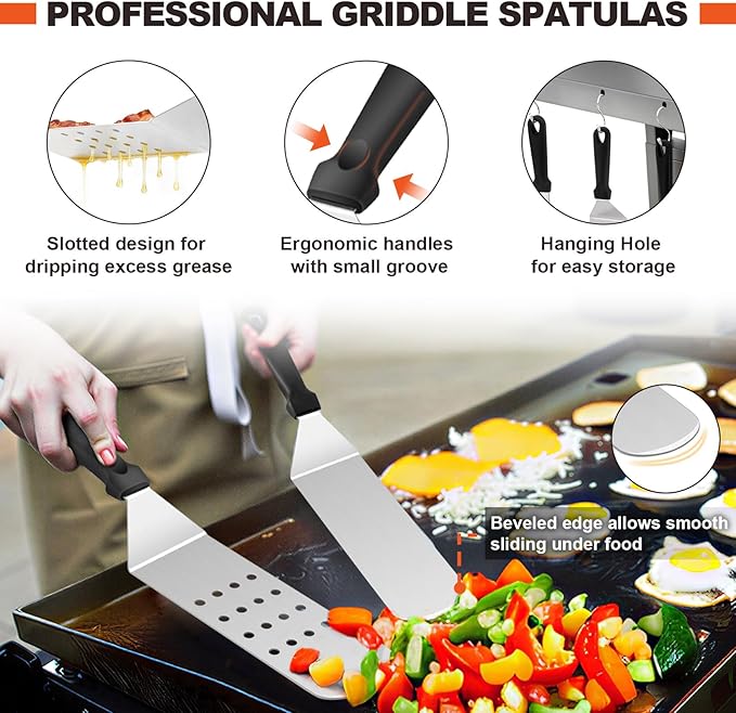 8Pcs Griddle Accessories Kit for Blackstone, Joyfair Flattop Grilling Accessory Tool Set with Stainless Steel Burger Spatula Turner, Metal Flipper, for Outdoor BBQ Teppanyaki Hibachi, (PP Handles)