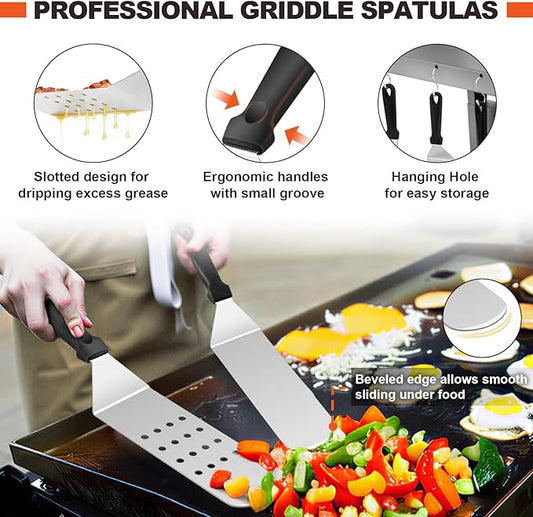 8Pcs Griddle Accessories Kit for Blackstone, Joyfair Flattop Grilling Accessory Tool Set with Stainless Steel Burger Spatula Turner, Metal Flipper, for Outdoor BBQ Teppanyaki Hibachi, (PP Handles)